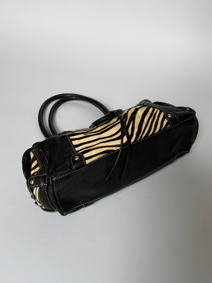 Vintage Enzo Angiolini zebra print pony hair and black leather barrel bag — view 7