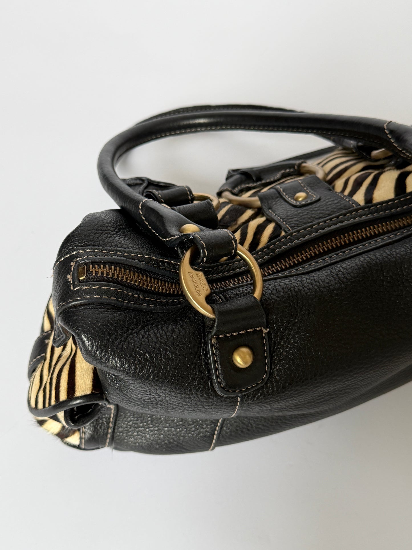 Vintage Enzo Angiolini zebra print pony hair and black leather barrel bag — view 8