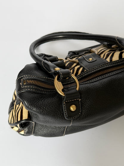 Vintage Enzo Angiolini zebra print pony hair and black leather barrel bag — view 8