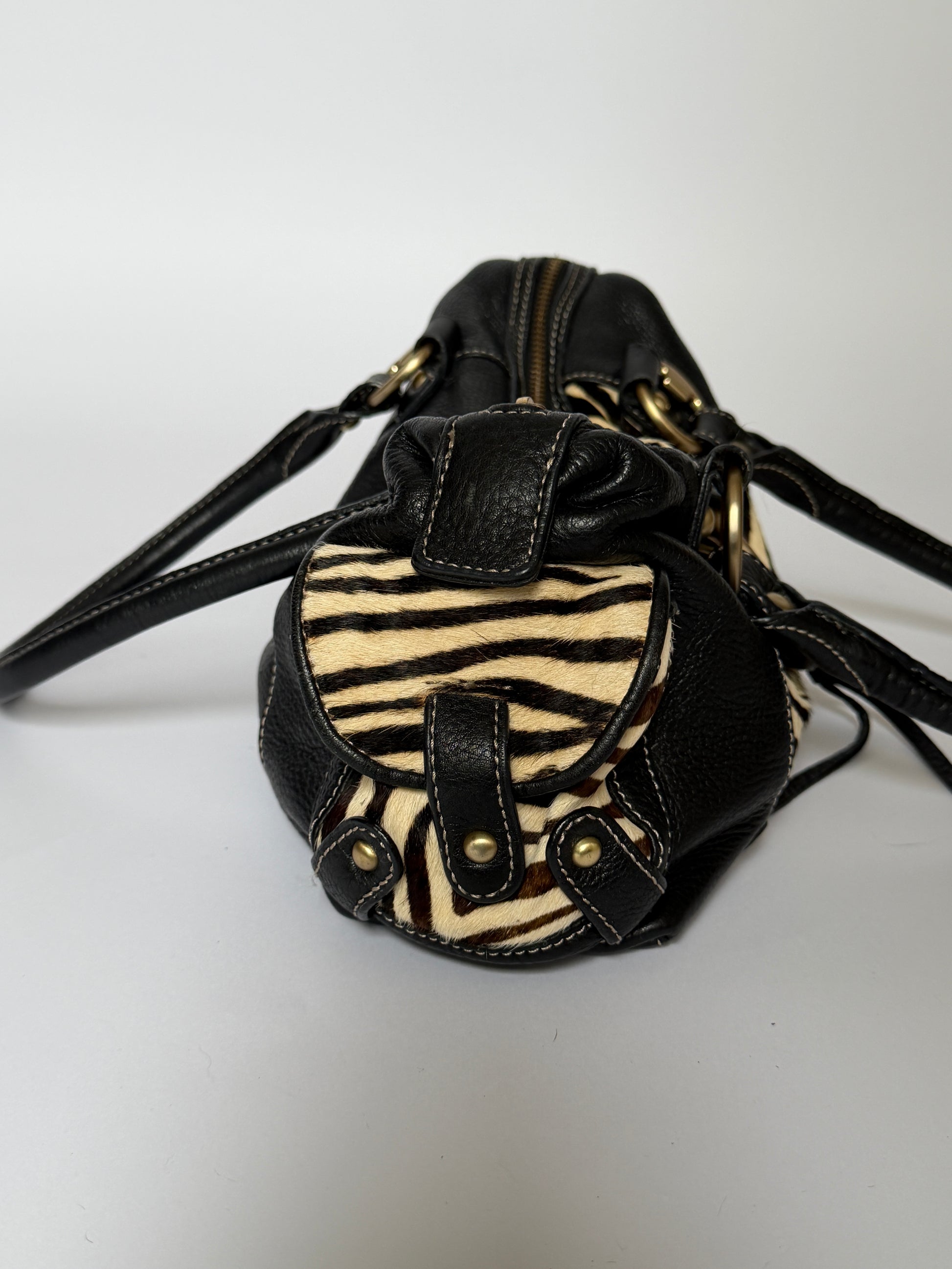 Vintage Enzo Angiolini zebra print pony hair and black leather barrel bag — view 5