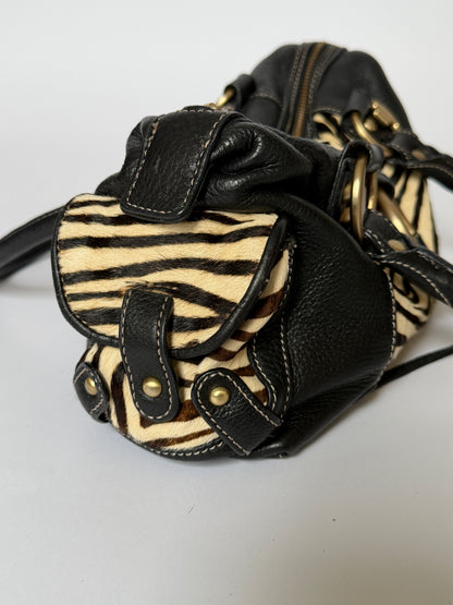 Vintage Enzo Angiolini zebra print pony hair and black leather barrel bag — view 10