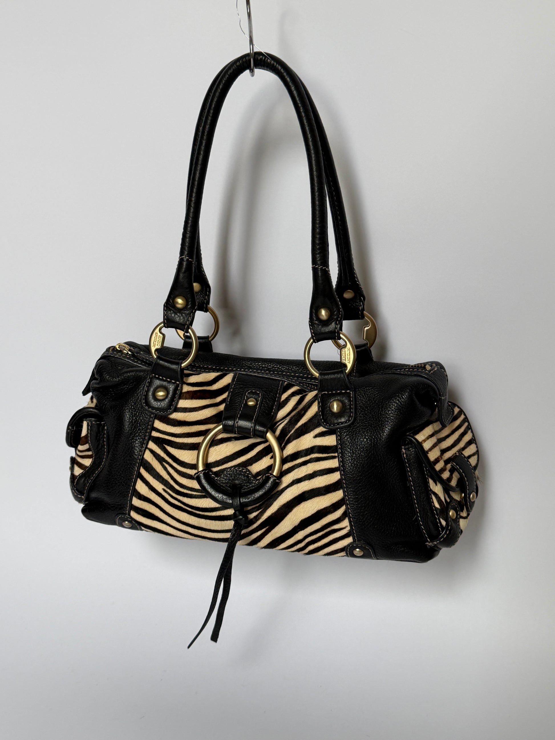 Vintage Enzo Angiolini zebra print pony hair and black leather barrel bag — view 9