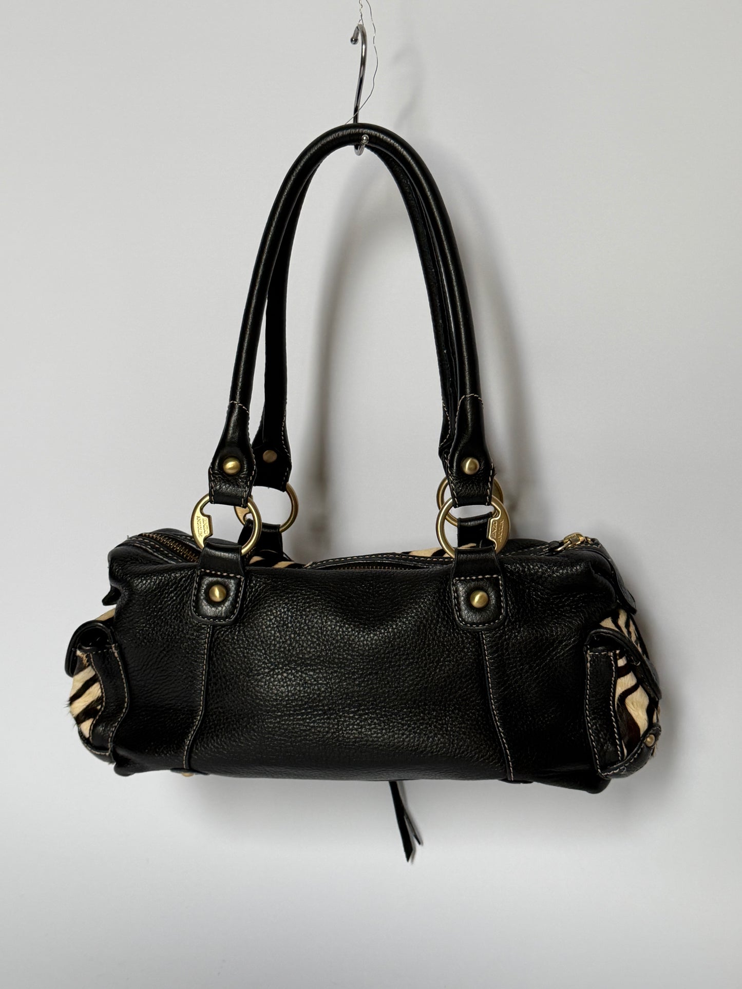 Vintage Enzo Angiolini zebra print pony hair and black leather barrel bag — view 3