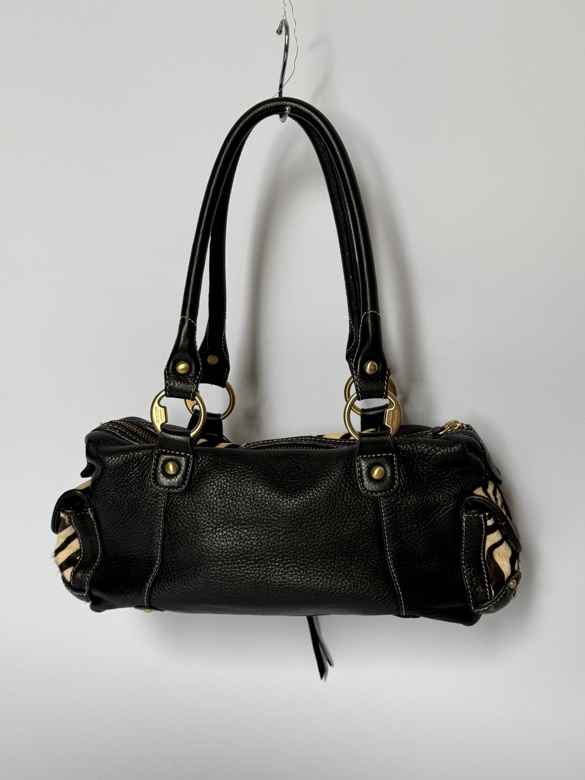 Vintage Enzo Angiolini zebra print pony hair and black leather barrel bag — view 3