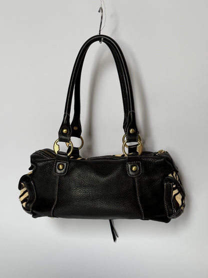 Vintage Enzo Angiolini zebra print pony hair and black leather barrel bag — view 3
