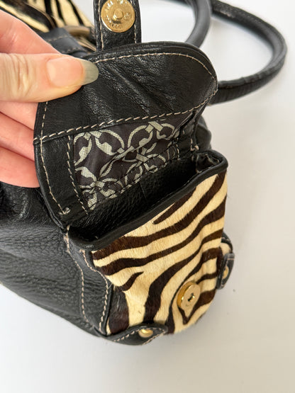 Vintage Enzo Angiolini zebra print pony hair and black leather barrel bag — view 11