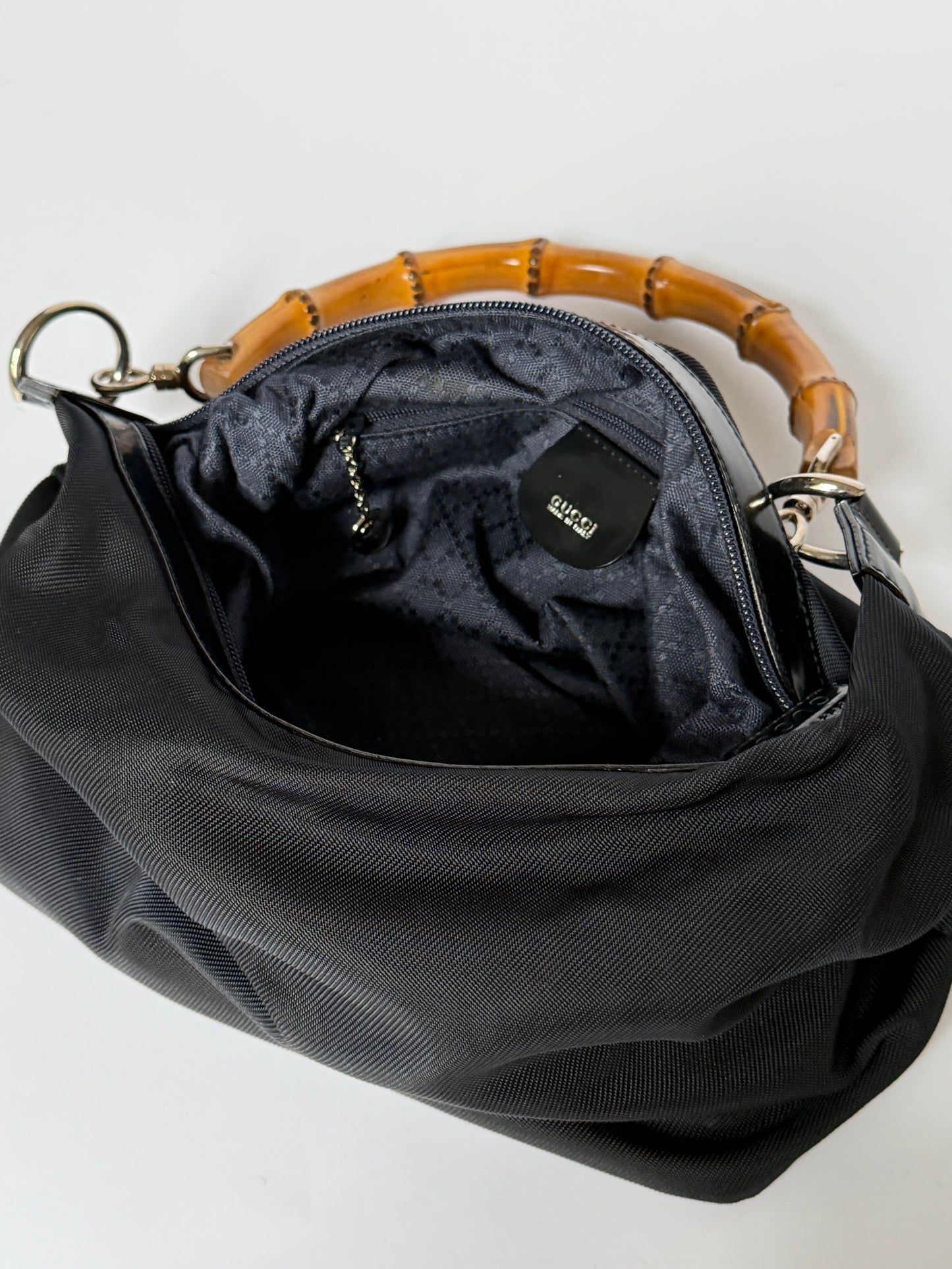 Vintage Gucci black nylon shoulder bag with bamboo handle — view 5