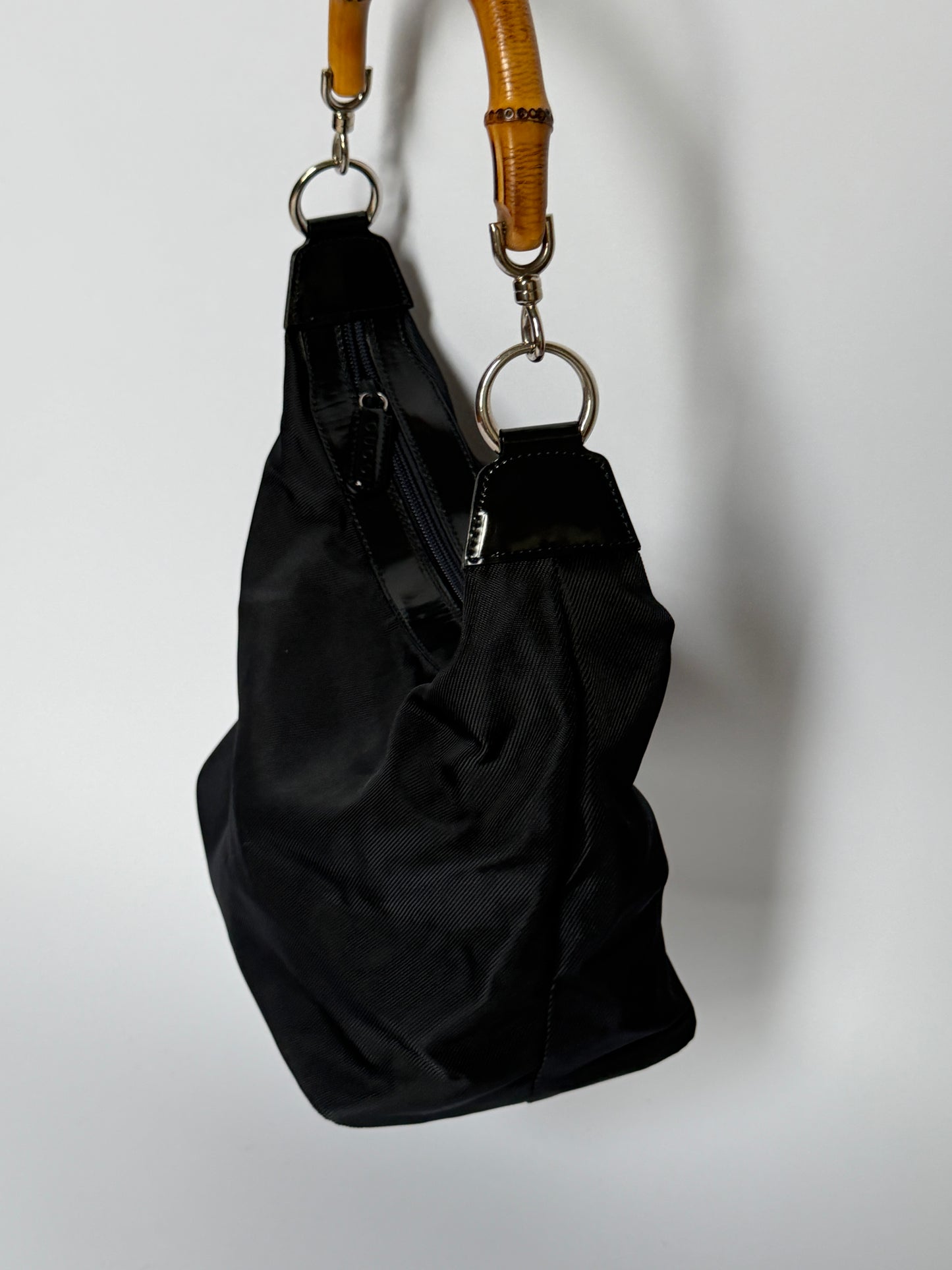 Vintage Gucci black nylon shoulder bag with bamboo handle — view 8