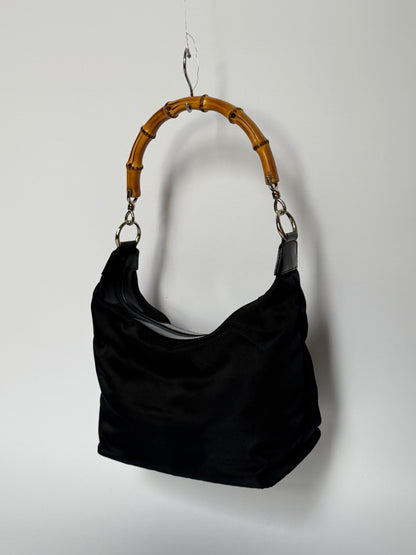 Vintage Gucci black nylon shoulder bag with bamboo handle — view 3