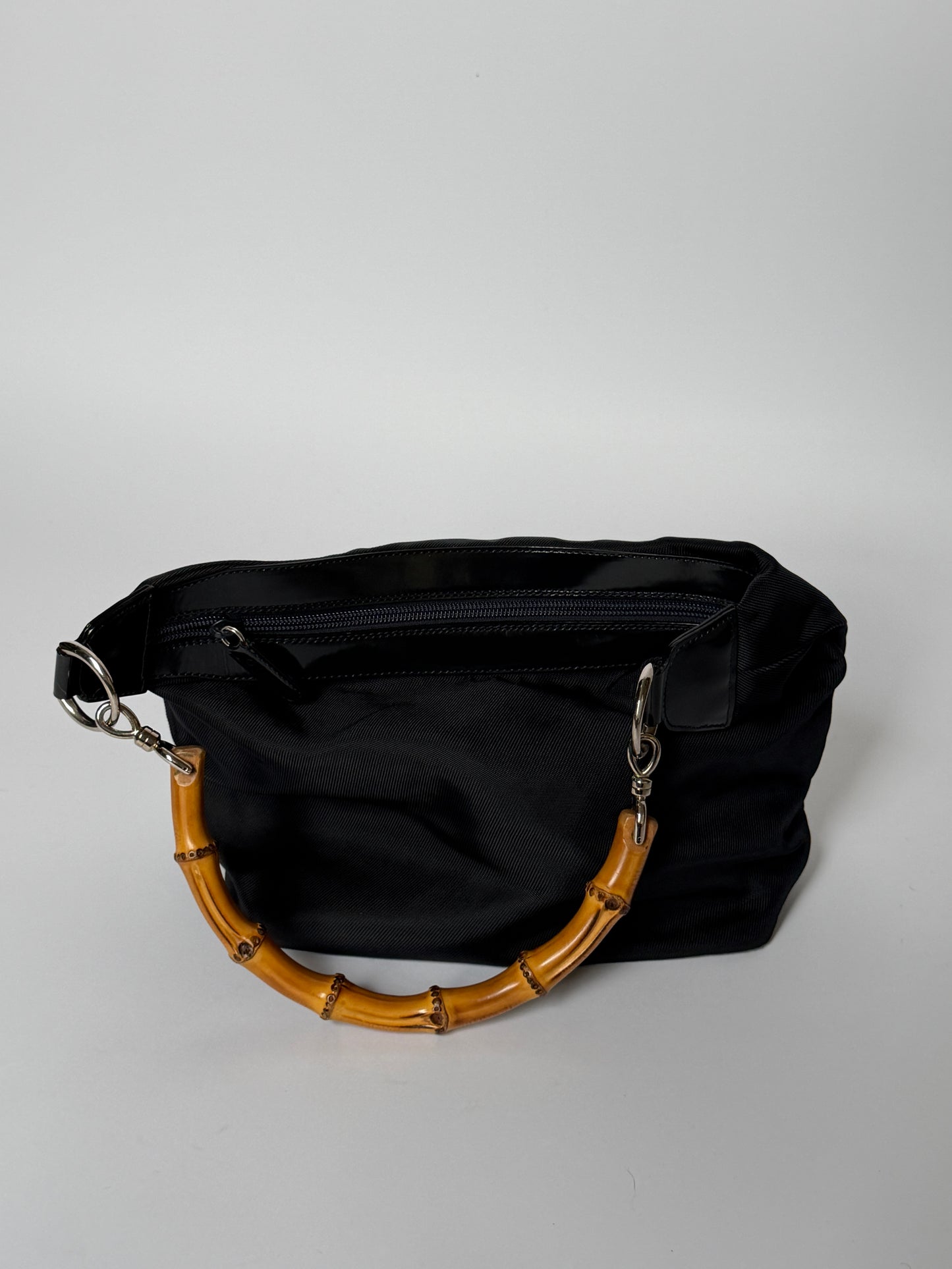 Vintage Gucci black nylon shoulder bag with bamboo handle — view 2