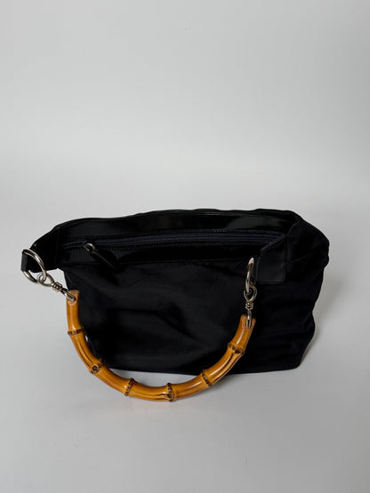 Vintage Gucci black nylon shoulder bag with bamboo handle — view 2