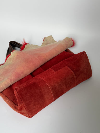 Anti-Forme Design red suede tote bag with hair-on cowhide flap, made in Japan — view 5