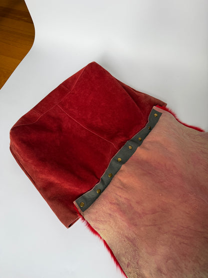 Anti-Forme Design red suede tote bag with hair-on cowhide flap, made in Japan — view 10