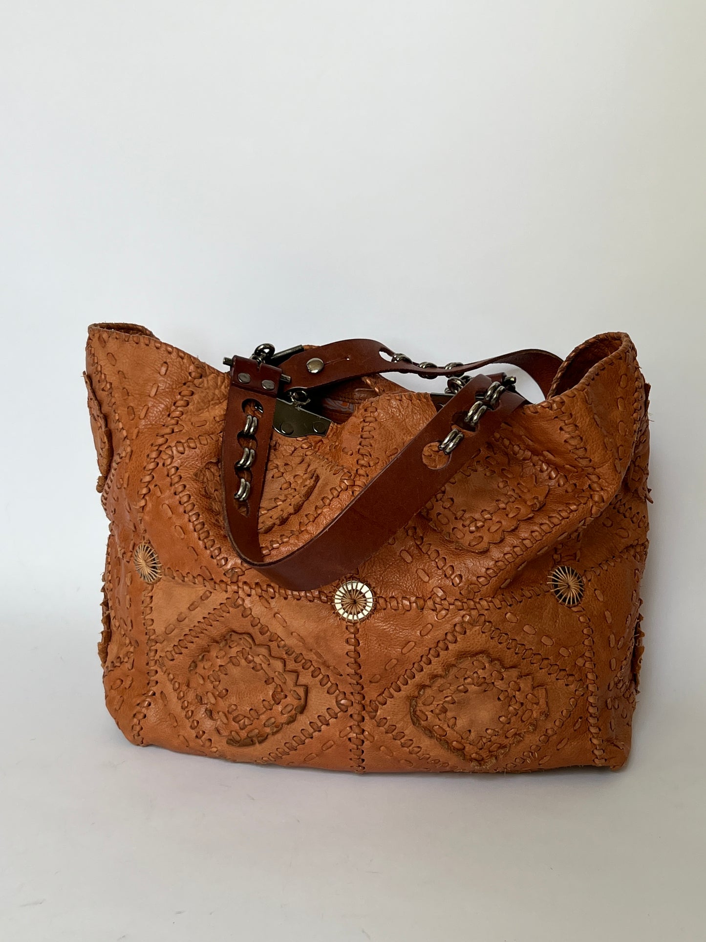 French Artisan Patchwork Leather Tote- Tobacco