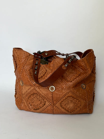 French Artisan Patchwork Leather Tote- Tobacco