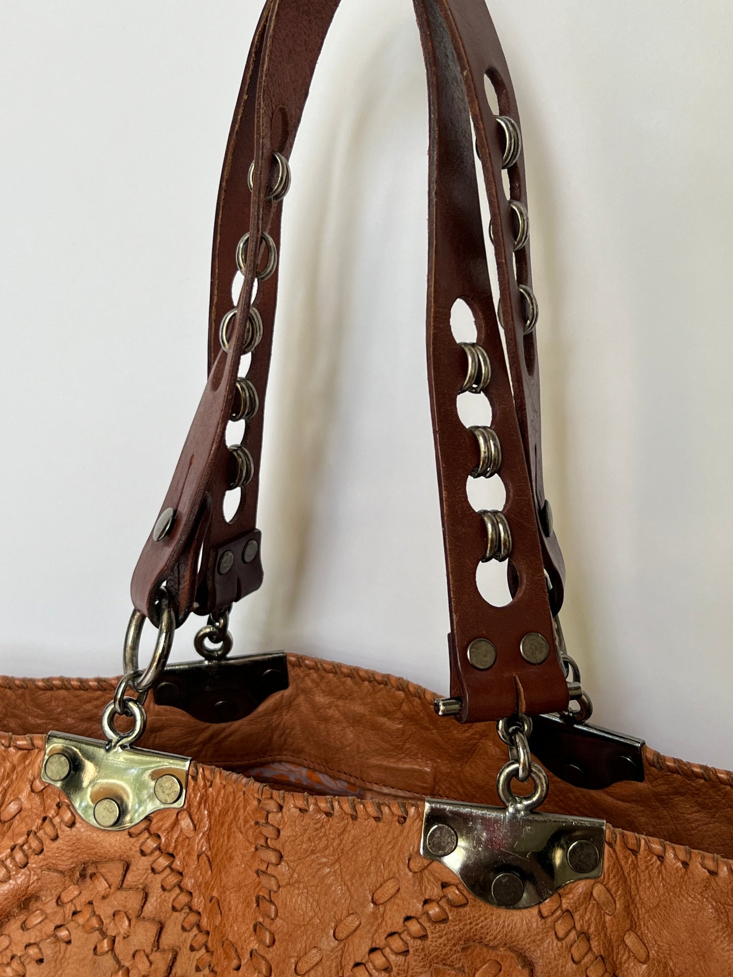 French Artisan Patchwork Leather Tote- Tobacco