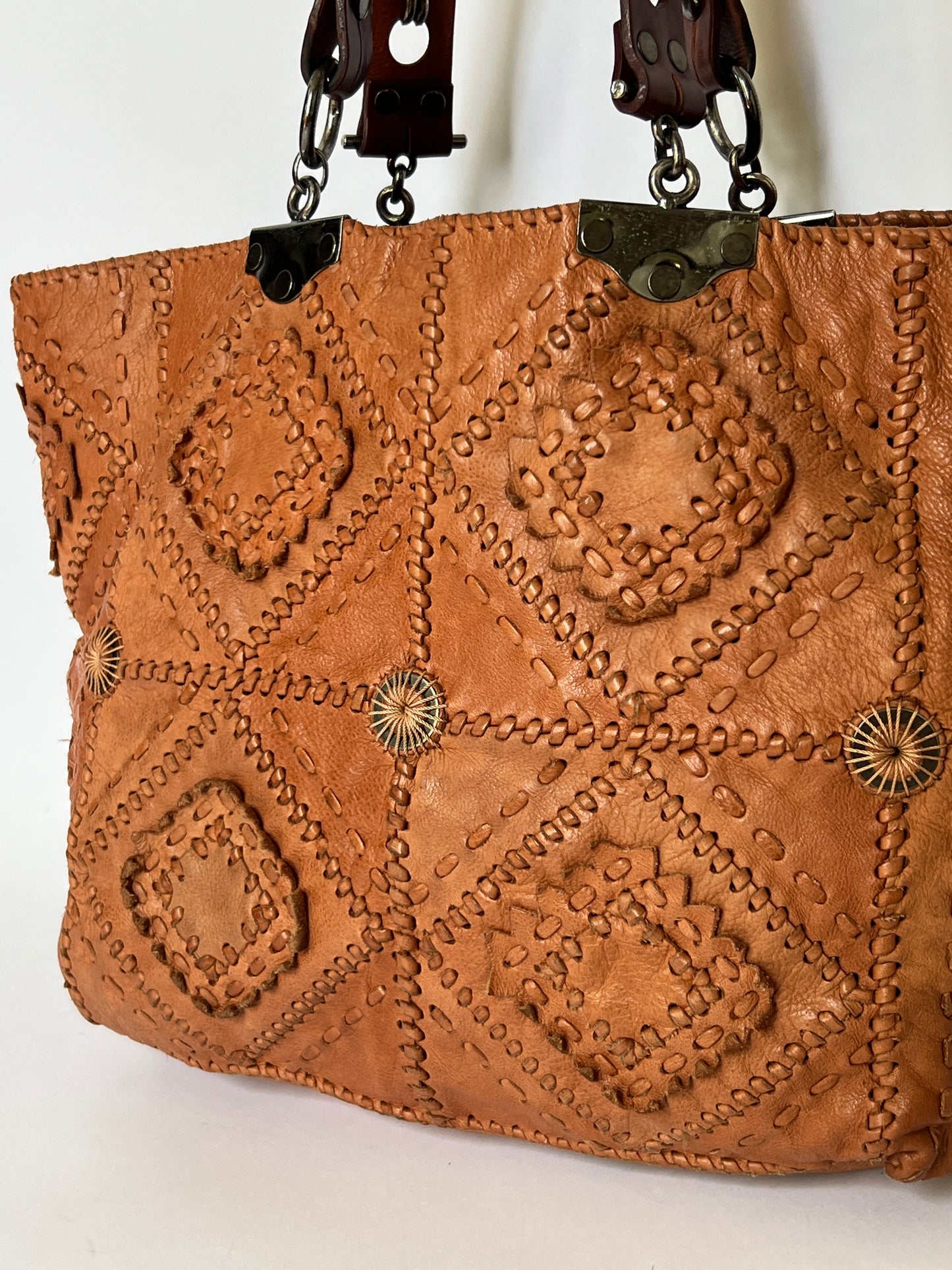 French Artisan Patchwork Leather Tote- Tobacco
