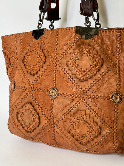 French Artisan Patchwork Leather Tote- Tobacco