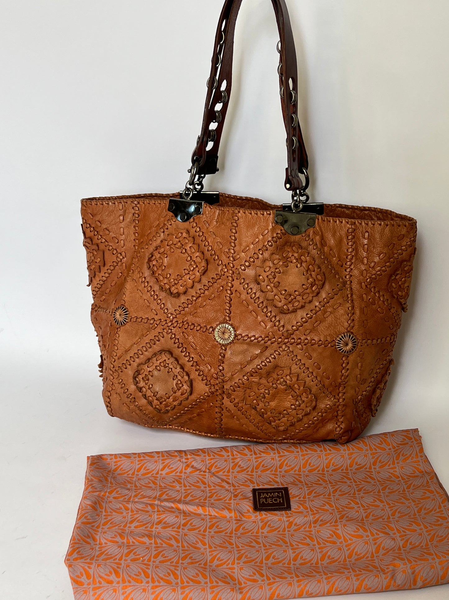 French Artisan Patchwork Leather Tote- Tobacco