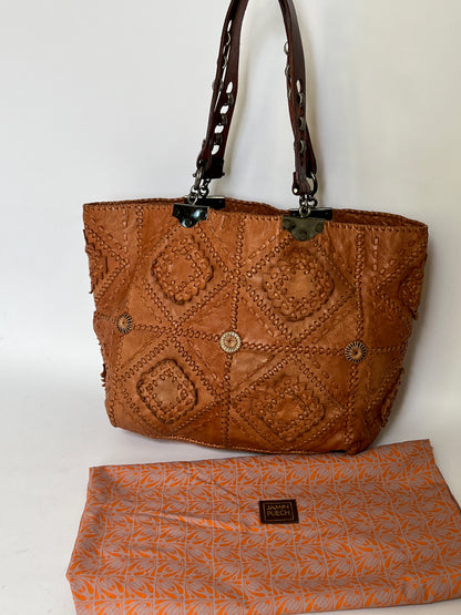 French Artisan Patchwork Leather Tote- Tobacco