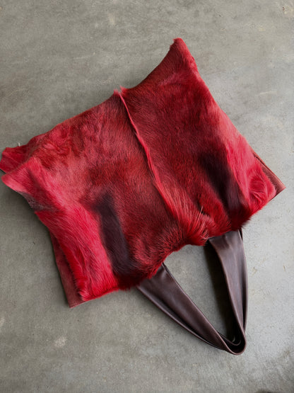 Anti-Forme Design red suede tote bag with hair-on cowhide flap, made in Japan — view 2