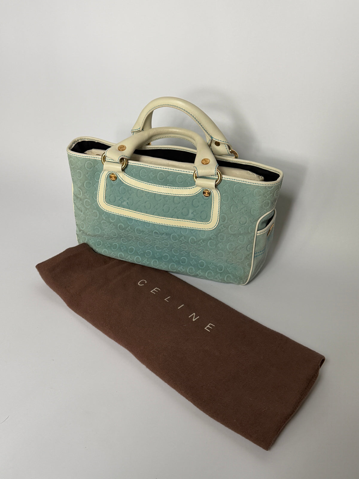 Céline Boogie Baby Blue Monogram Suede Tote Bag