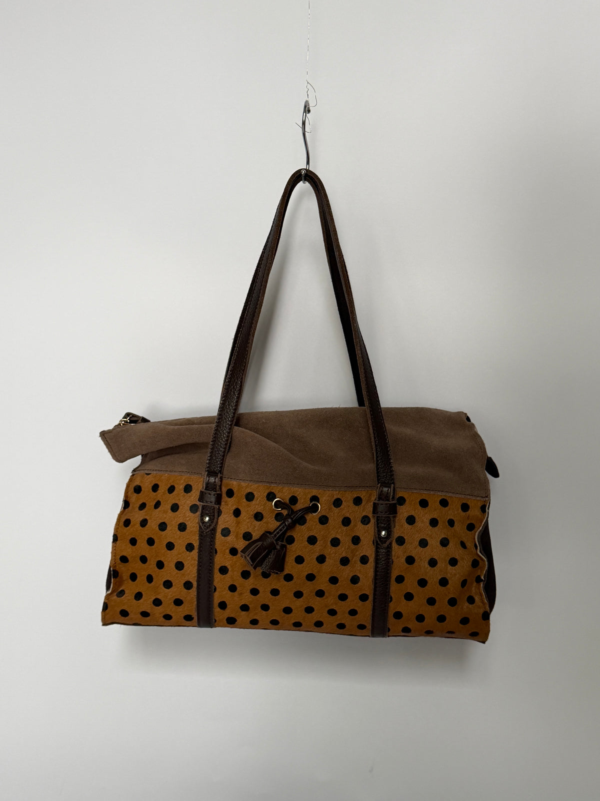 Brown Suede & Pony Hair Polka Dot Shoulder Bag