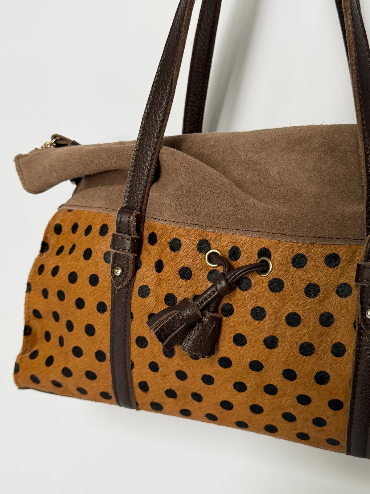 Brown Suede & Pony Hair Polka Dot Shoulder Bag