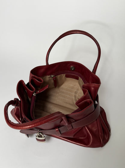 Wine Red Leather Tote with Belt Strap & Padlock Charm