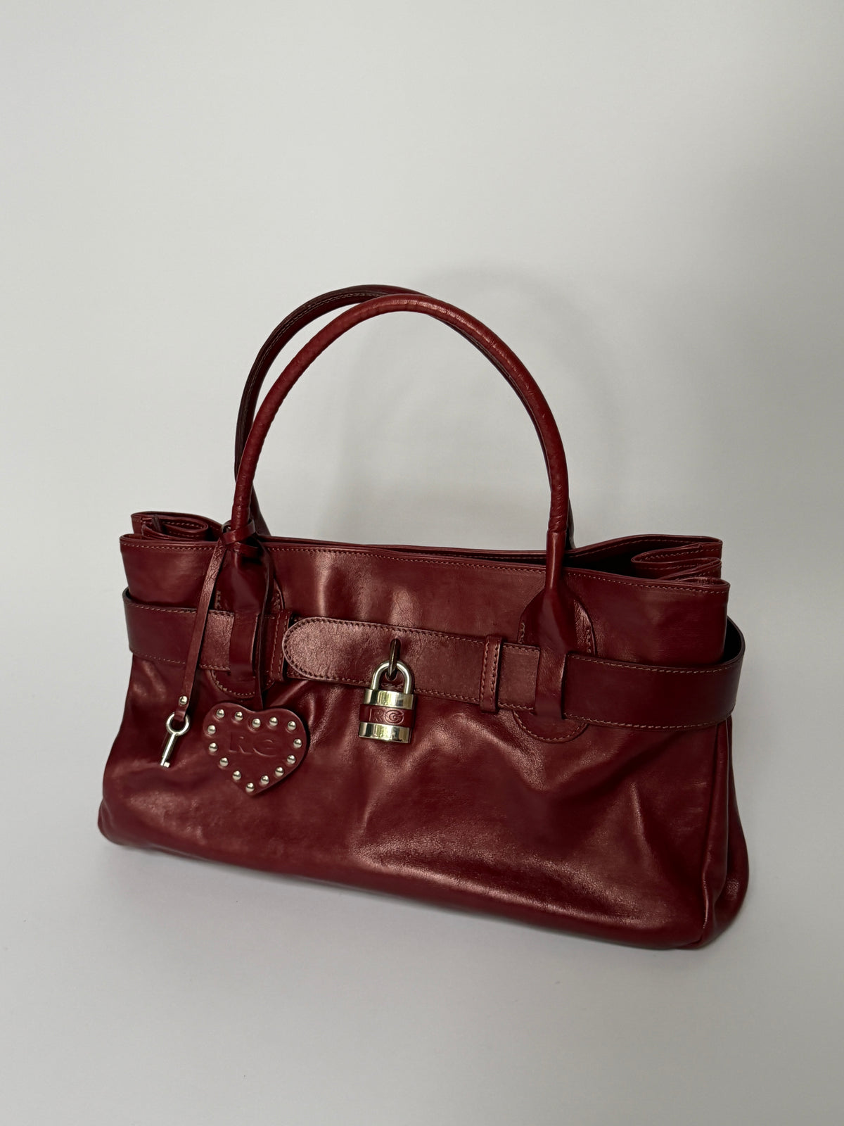 Wine Red Leather Tote with Belt Strap & Padlock Charm