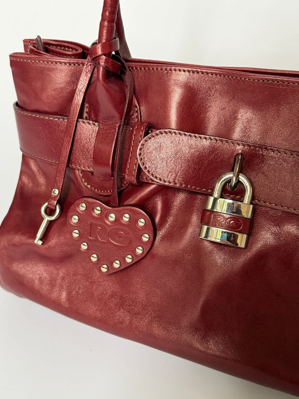Wine Red Leather Tote with Belt Strap & Padlock Charm