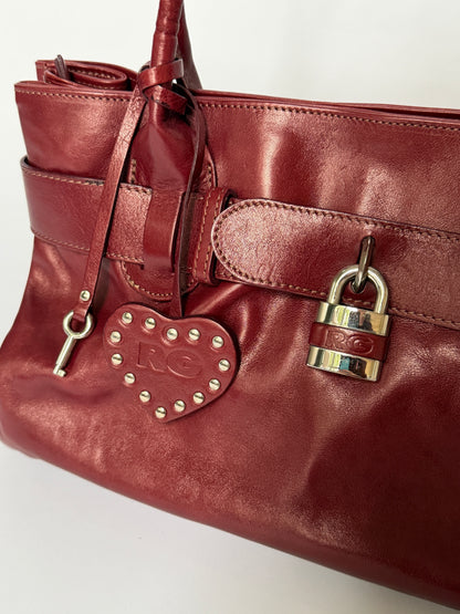 Wine Red Leather Tote with Belt Strap & Padlock Charm