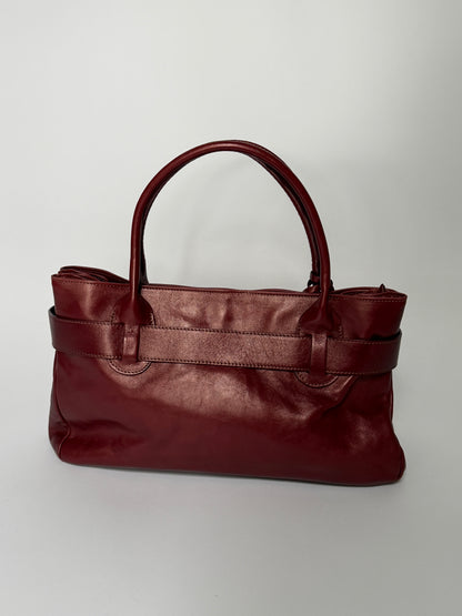 Wine Red Leather Tote with Belt Strap & Padlock Charm