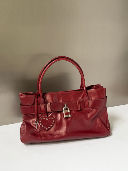 Wine Red Leather Tote with Belt Strap & Padlock Charm