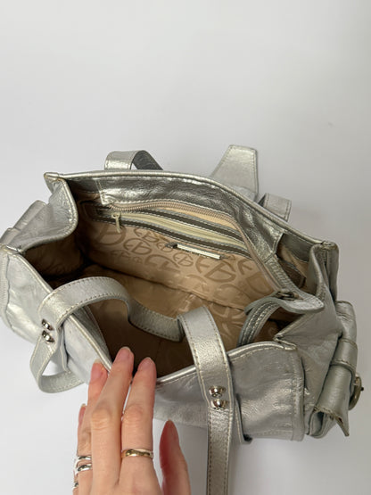 Metallic Silver Leather Bag with Ring Buckle Detail