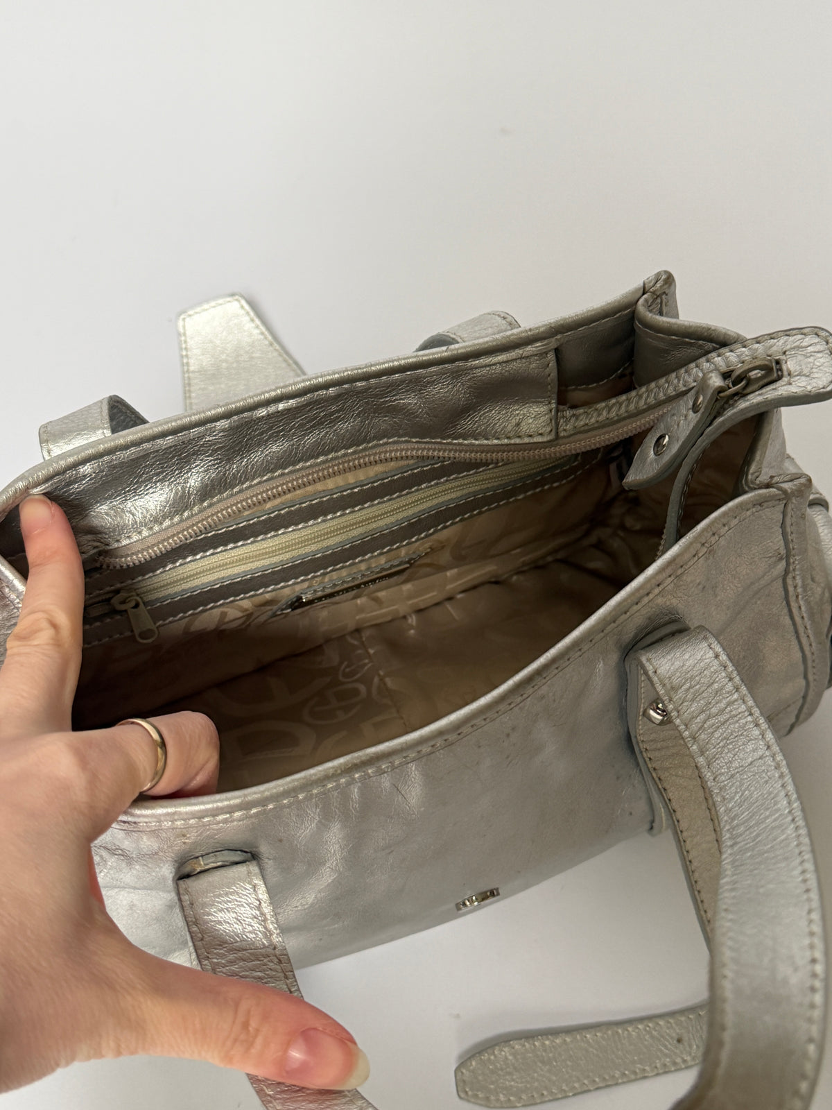 Metallic Silver Leather Bag with Ring Buckle Detail