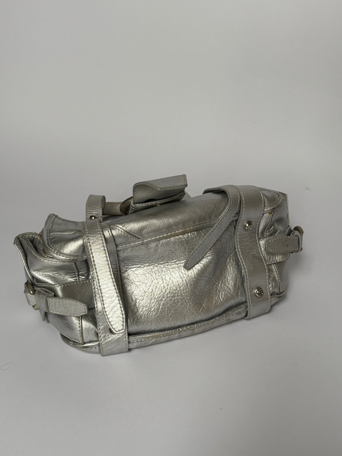 Metallic Silver Leather Bag with Ring Buckle Detail
