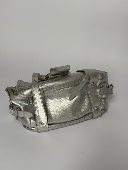 Metallic Silver Leather Bag with Ring Buckle Detail