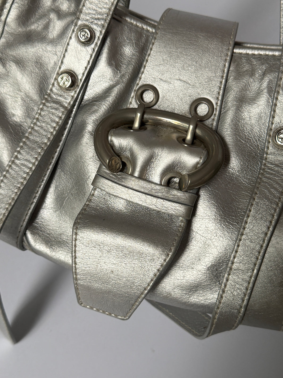 Metallic Silver Leather Bag with Ring Buckle Detail