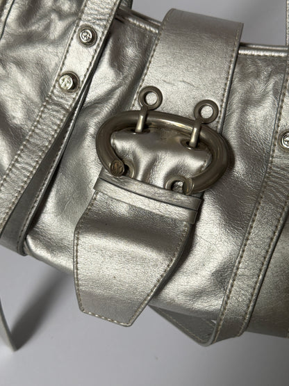 Metallic Silver Leather Bag with Ring Buckle Detail