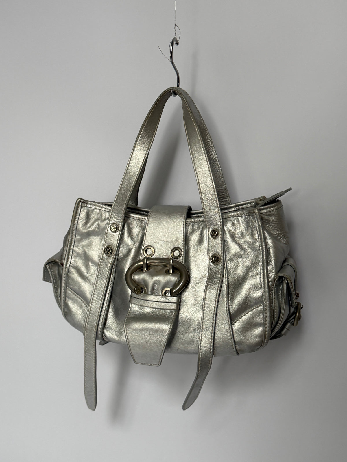 Metallic Silver Leather Bag with Ring Buckle Detail