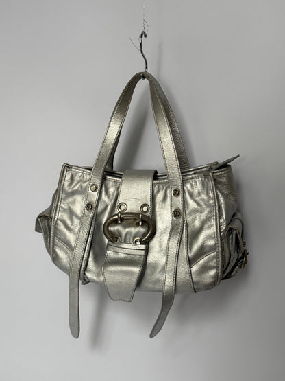 Metallic Silver Leather Bag with Ring Buckle Detail