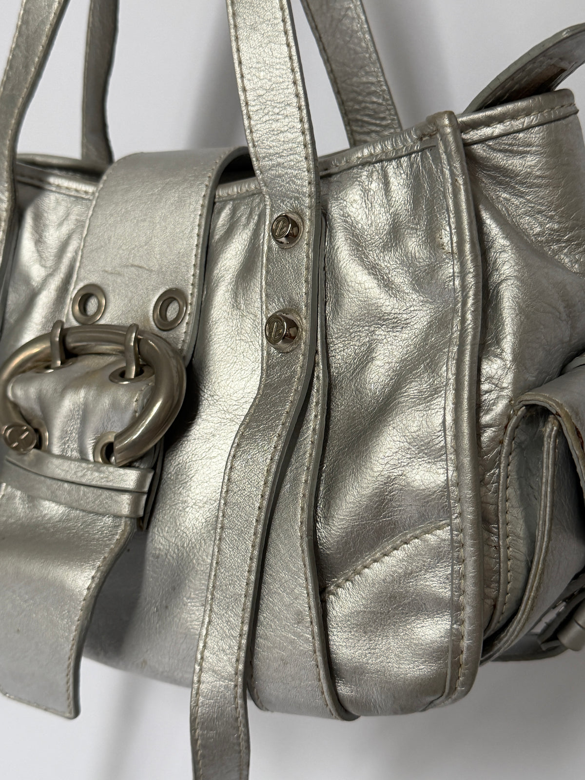 Metallic Silver Leather Bag with Ring Buckle Detail