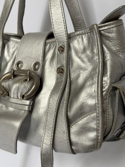 Metallic Silver Leather Bag with Ring Buckle Detail