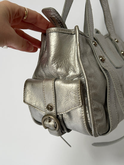 Metallic Silver Leather Bag with Ring Buckle Detail