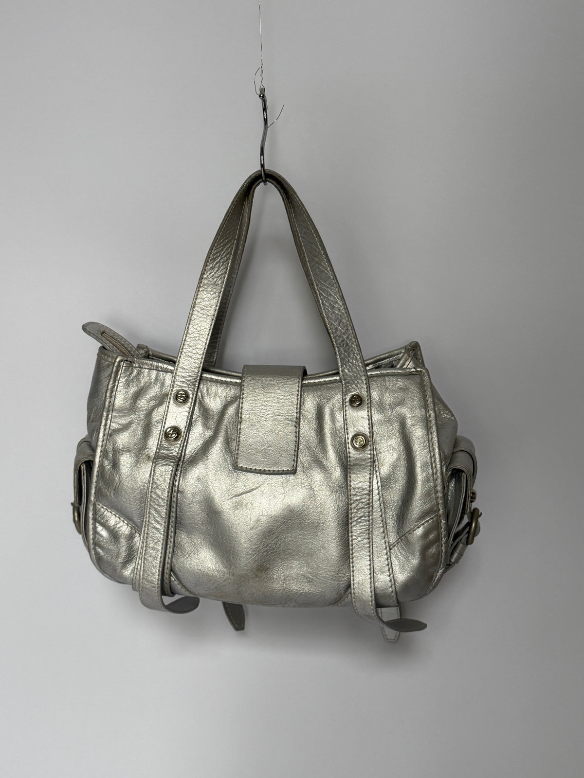 Metallic Silver Leather Bag with Ring Buckle Detail