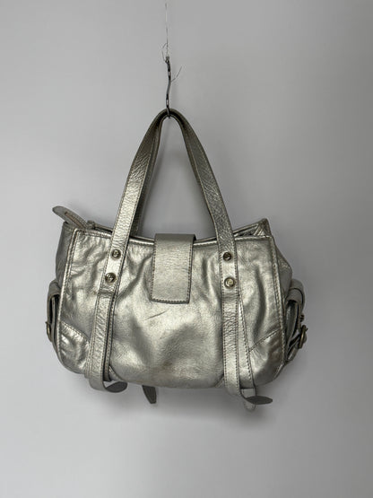 Metallic Silver Leather Bag with Ring Buckle Detail
