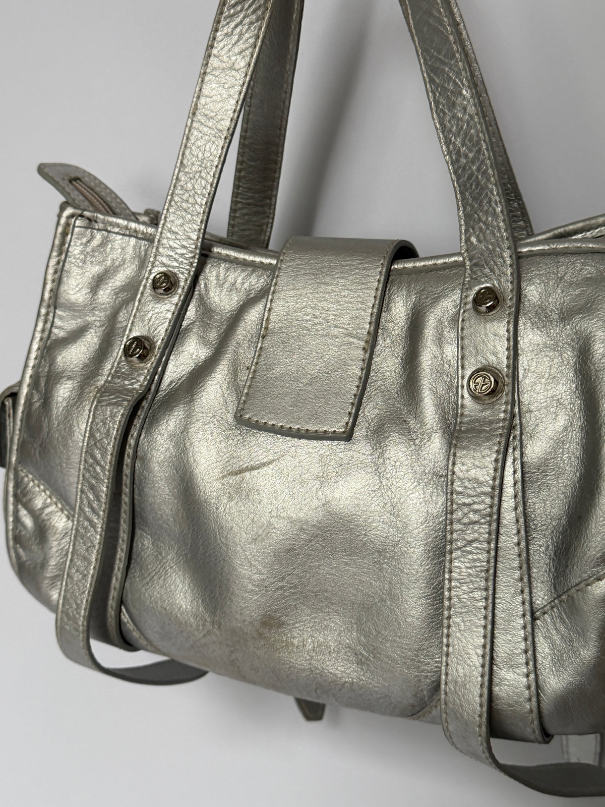 Metallic Silver Leather Bag with Ring Buckle Detail