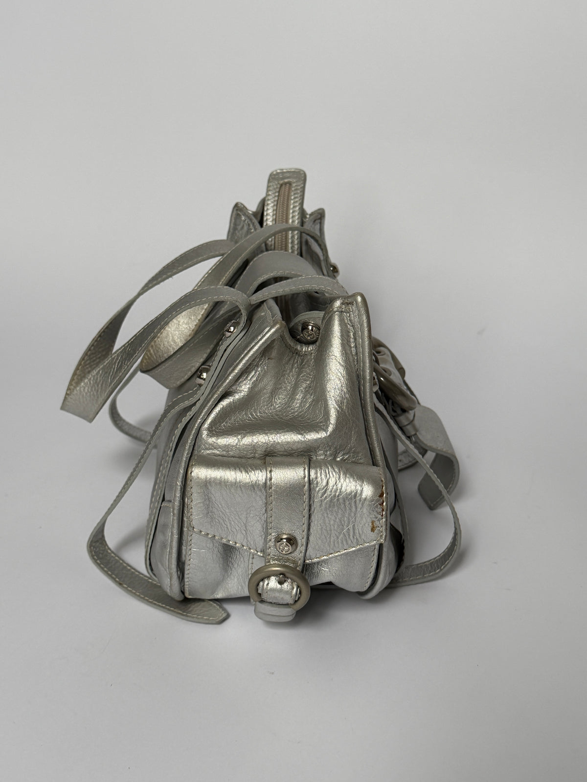 Metallic Silver Leather Bag with Ring Buckle Detail