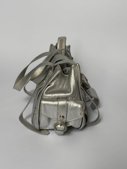 Metallic Silver Leather Bag with Ring Buckle Detail